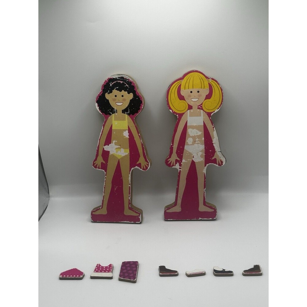 Melissa And Doug Wooden Abby and Emma Magnetic Doll Dress Up Set Clothes Shoes